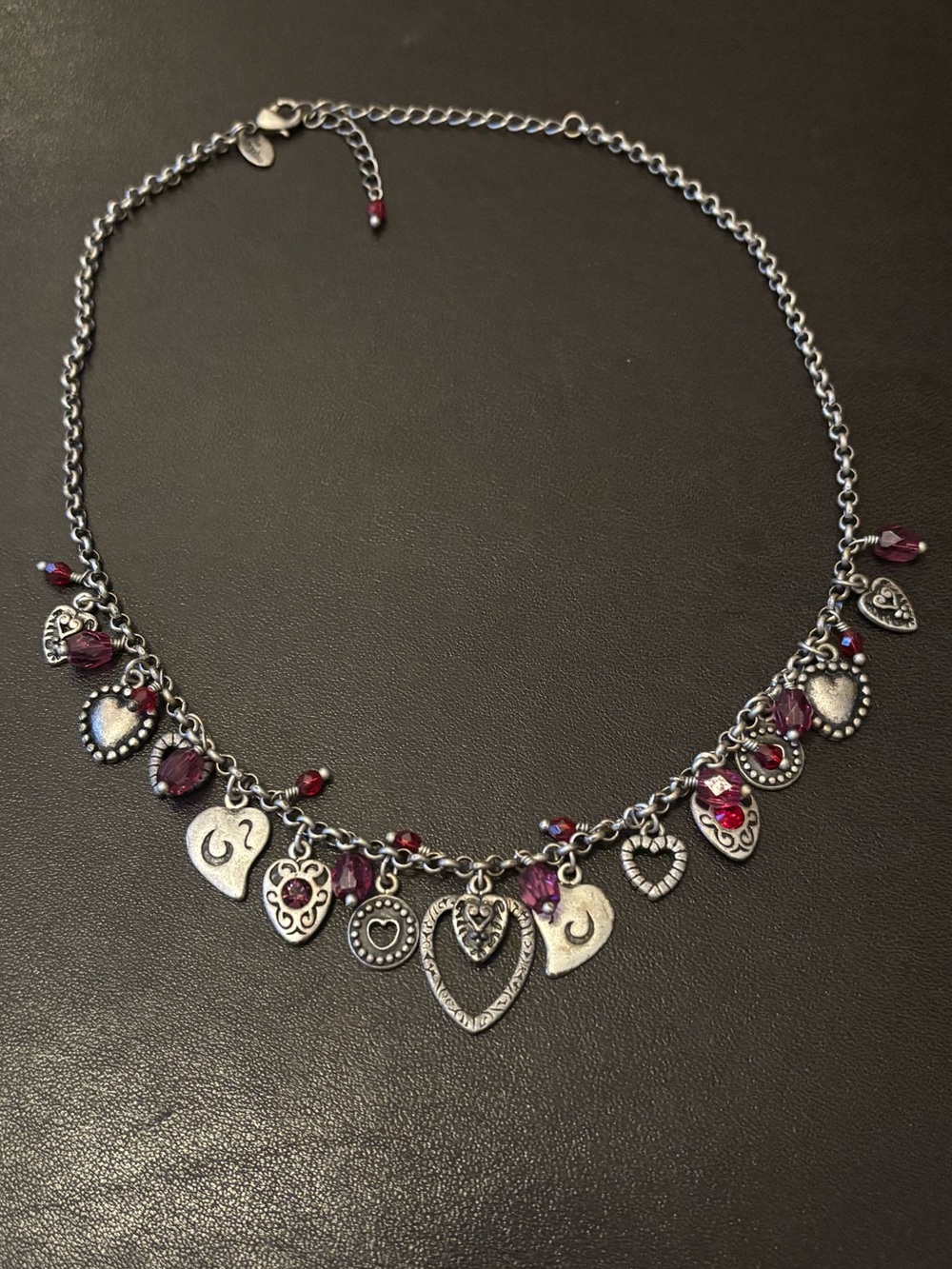 Lia Sophia Silver-Tone Heart Charm Necklace with Ruby Beads - Picture 2 of 4
